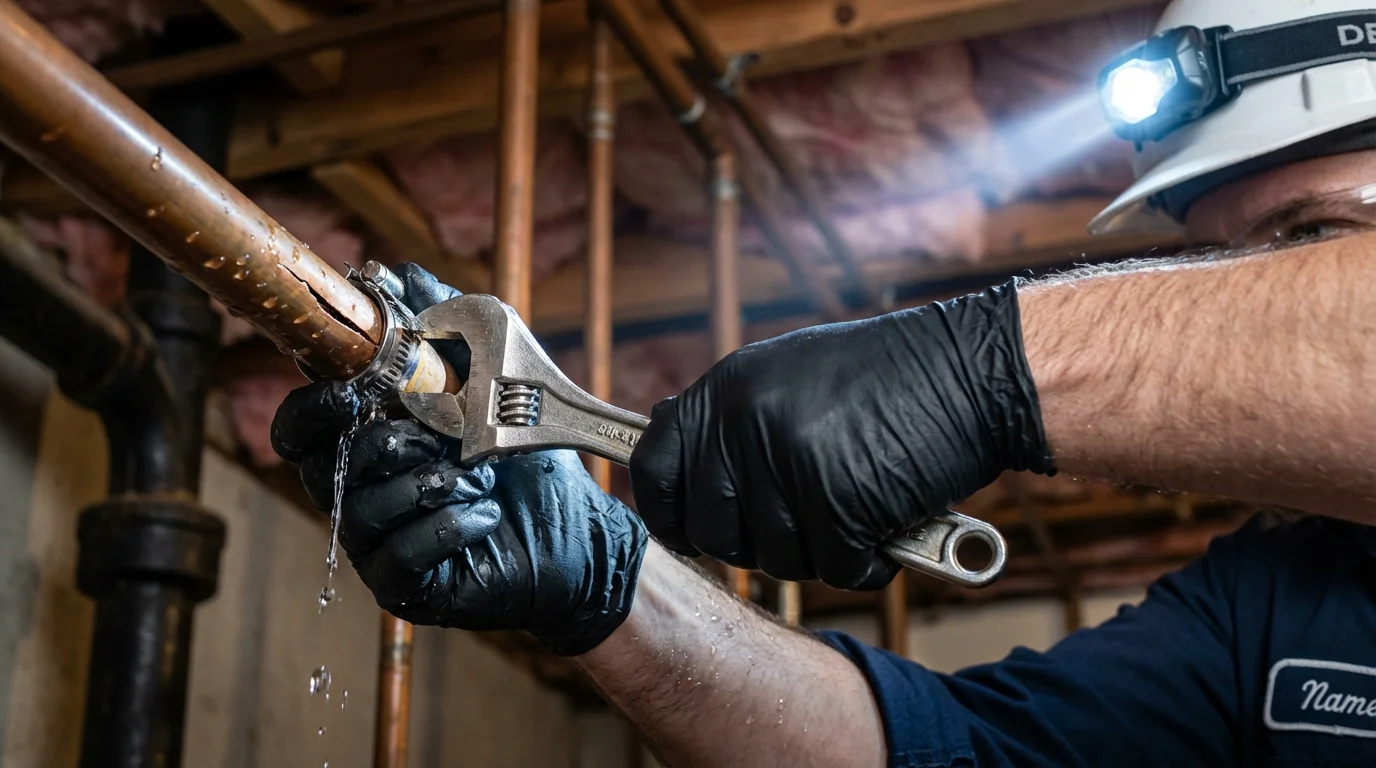 Emergency pipe clamp repair being performed by a Johns Plumbing LLC plumber in Mart