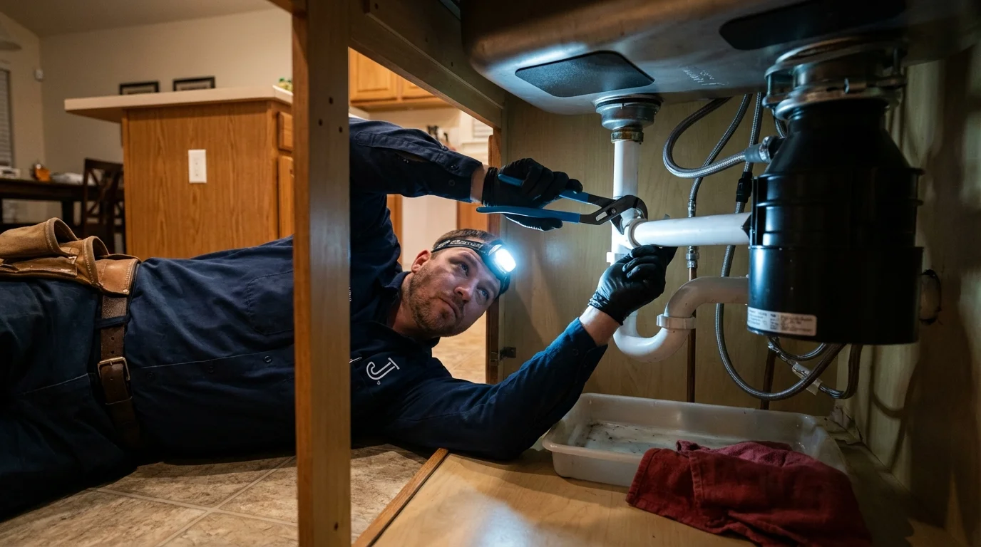 P-trap and supply line connections under a kitchen sink showing a common leak point in Mart, TX